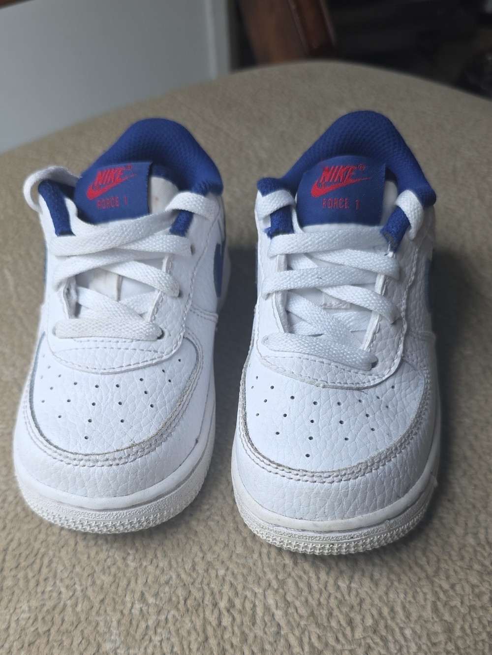 Nike Kids Force 1 White Sneakers with Blue Lining and Red Logos